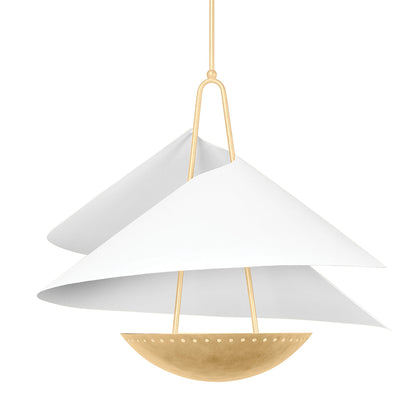 Carini Pendant by Corbett in vintage gold leaf, gesso white. Made from steel in a modern style.