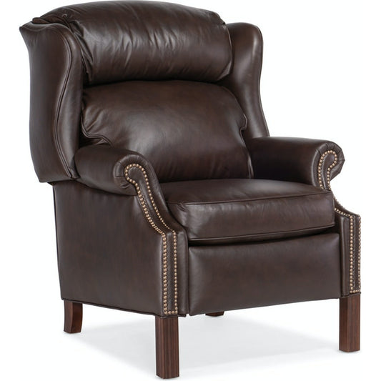Chippendale Reclining Wing Chair by Bradington-Young by Hooker Furniture in mahogany finish, french natural nails. Made from 100% leather in a unique style.