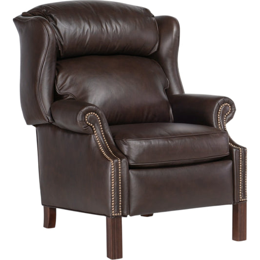 Chippendale Reclining Wing Chair by Hooker Furniture in mahogany finish, french natural nails. Made from 100% leather in a traditional style.