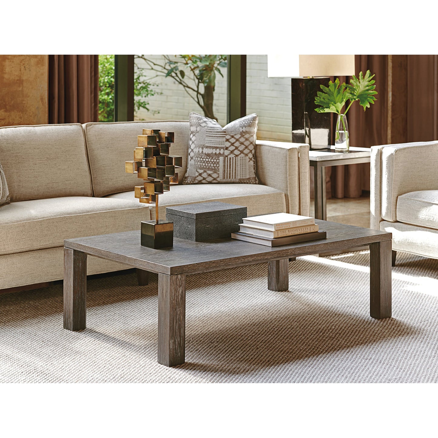 001 SR-835443 | Lifestyle | Impulse Rectangular Cocktail Table by Lexington in gray oak. Made from unique in a modern style.
