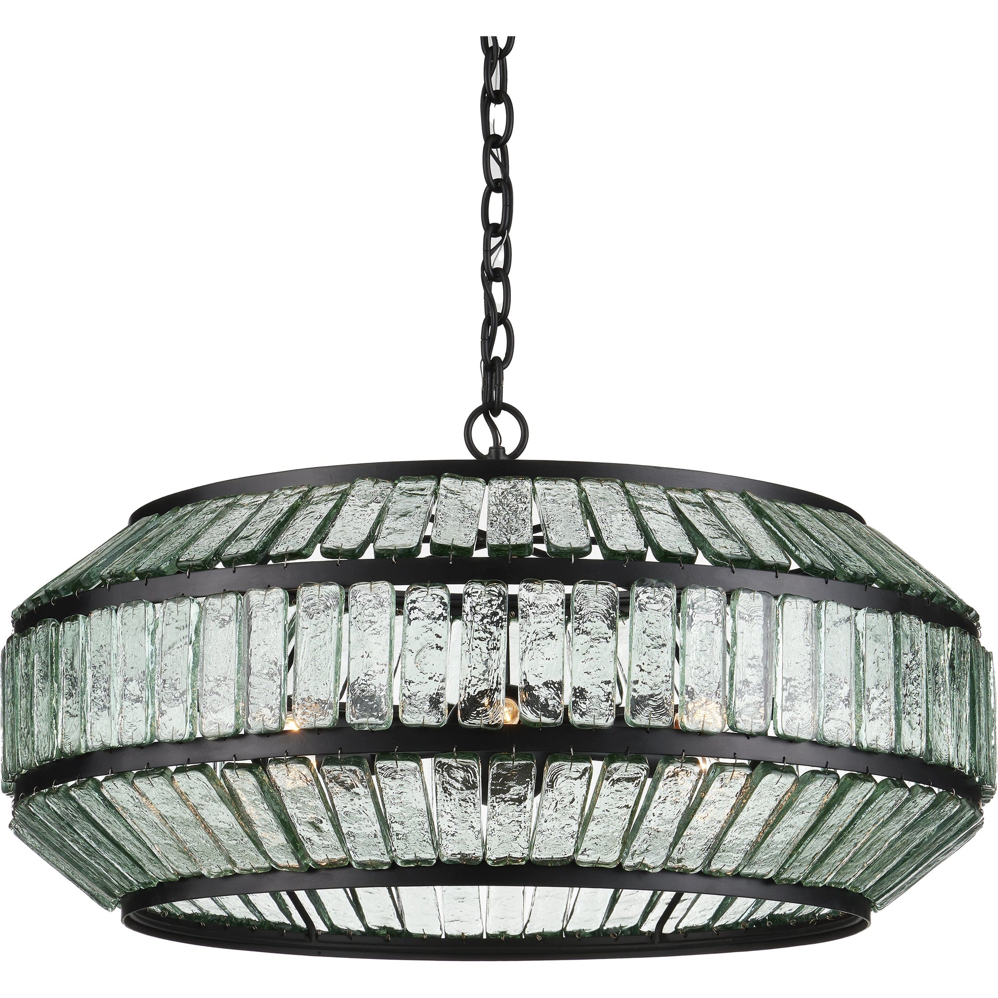 Centurion Recycled Glass Chandelier by Currey and Company in clear, satin black. Made from recycled glass, wrought iron in a traditional style.