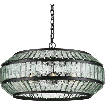 Centurion Recycled Glass Chandelier by Currey and Company in clear, satin black. Made from recycled glass, wrought iron in a traditional style.