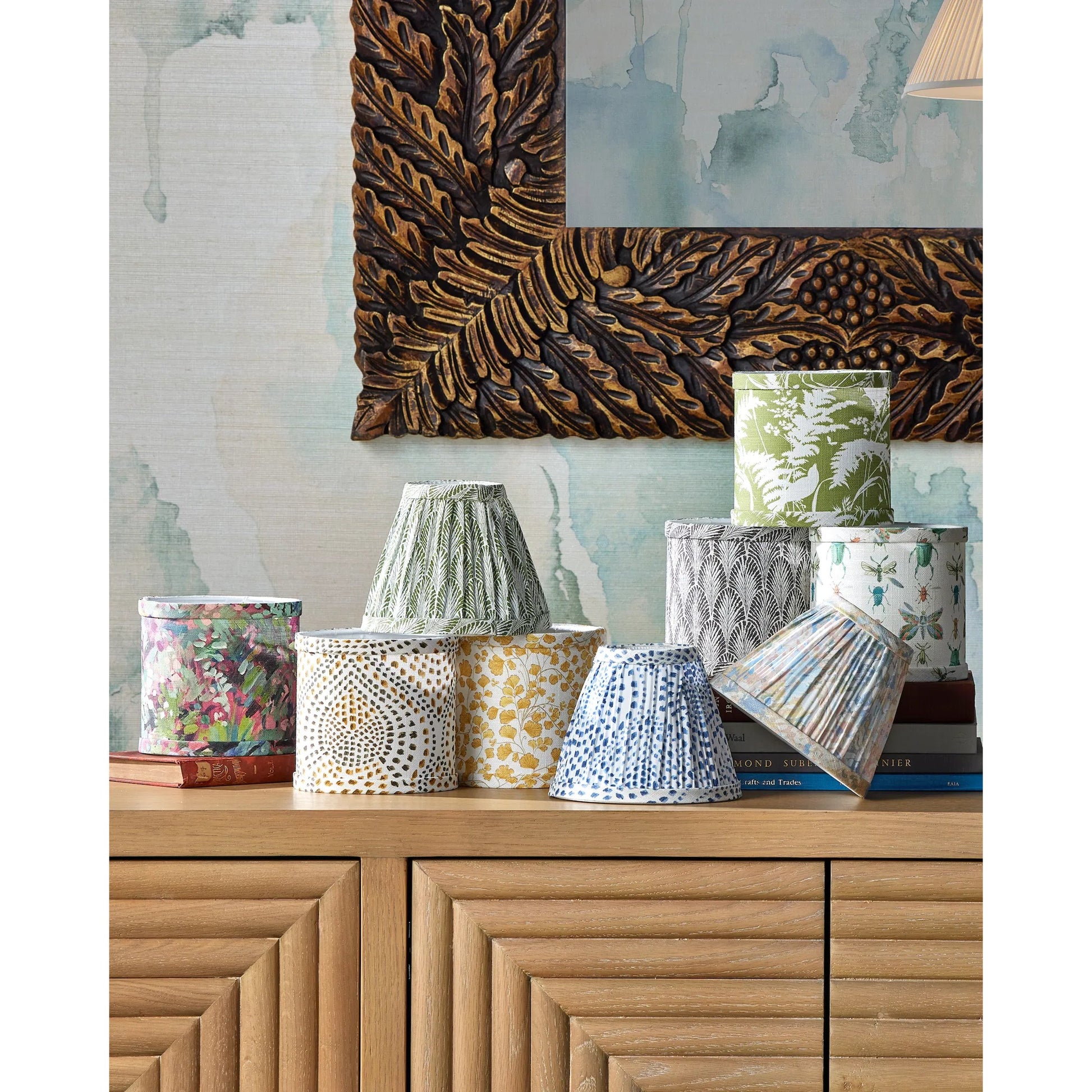Maiden Fern Drum Chandelier Shade by Currey and Company. Made from cotton in a cottage & farmhouse style.