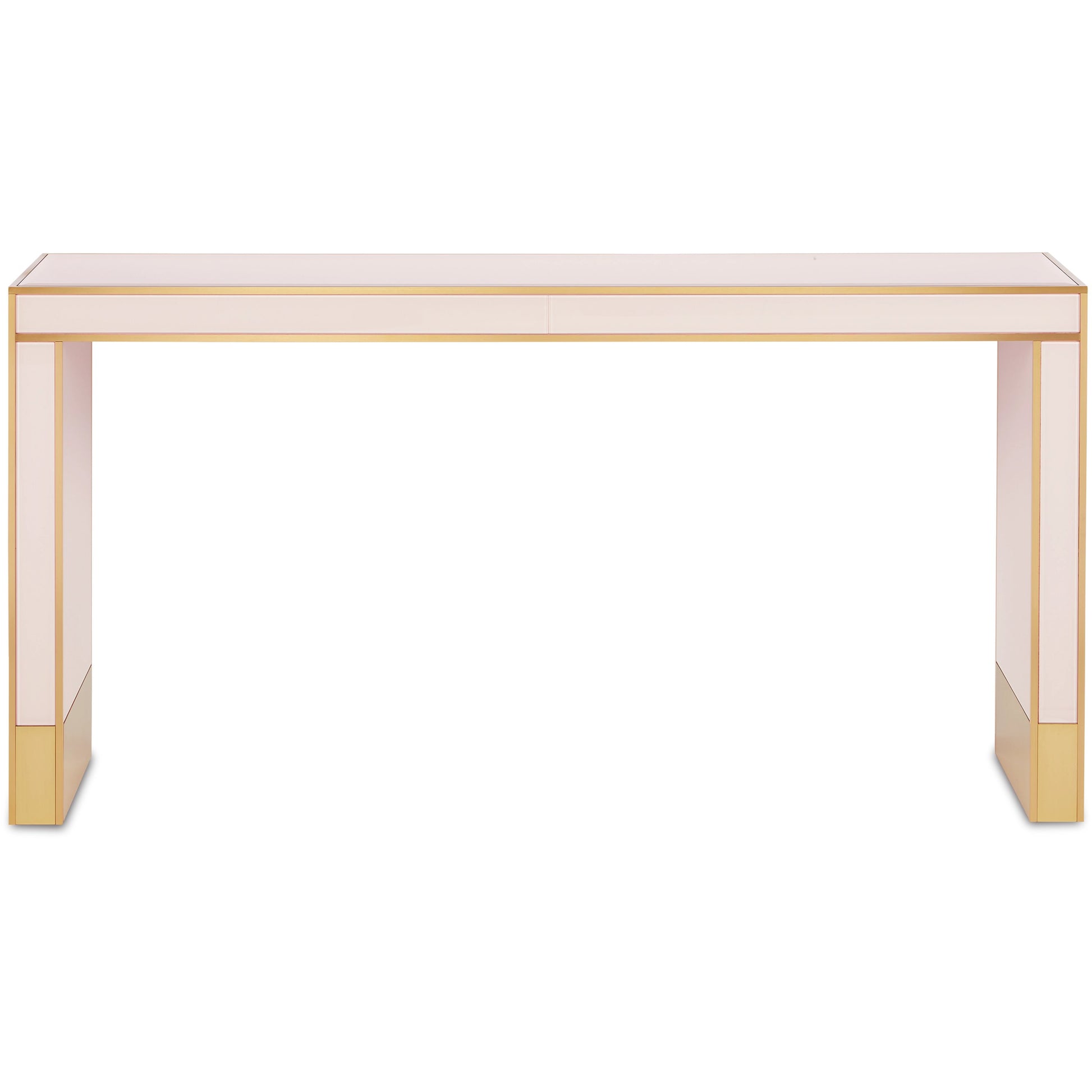Arden Console Table by Currey and Company in ivory, satin brass. Made from reverse painted glass, brass, solid hardwood in a modern style.