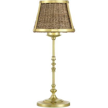 Deauville Cordless Table Lamp by Currey and Company in natural, polished brass. Made from seagrass, metal in a rustic style.