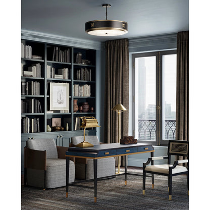 Huntsman Semi-Flush Mount by Currey and Company in satin black, antique brass, white. Made from brass, glass in a modern style.