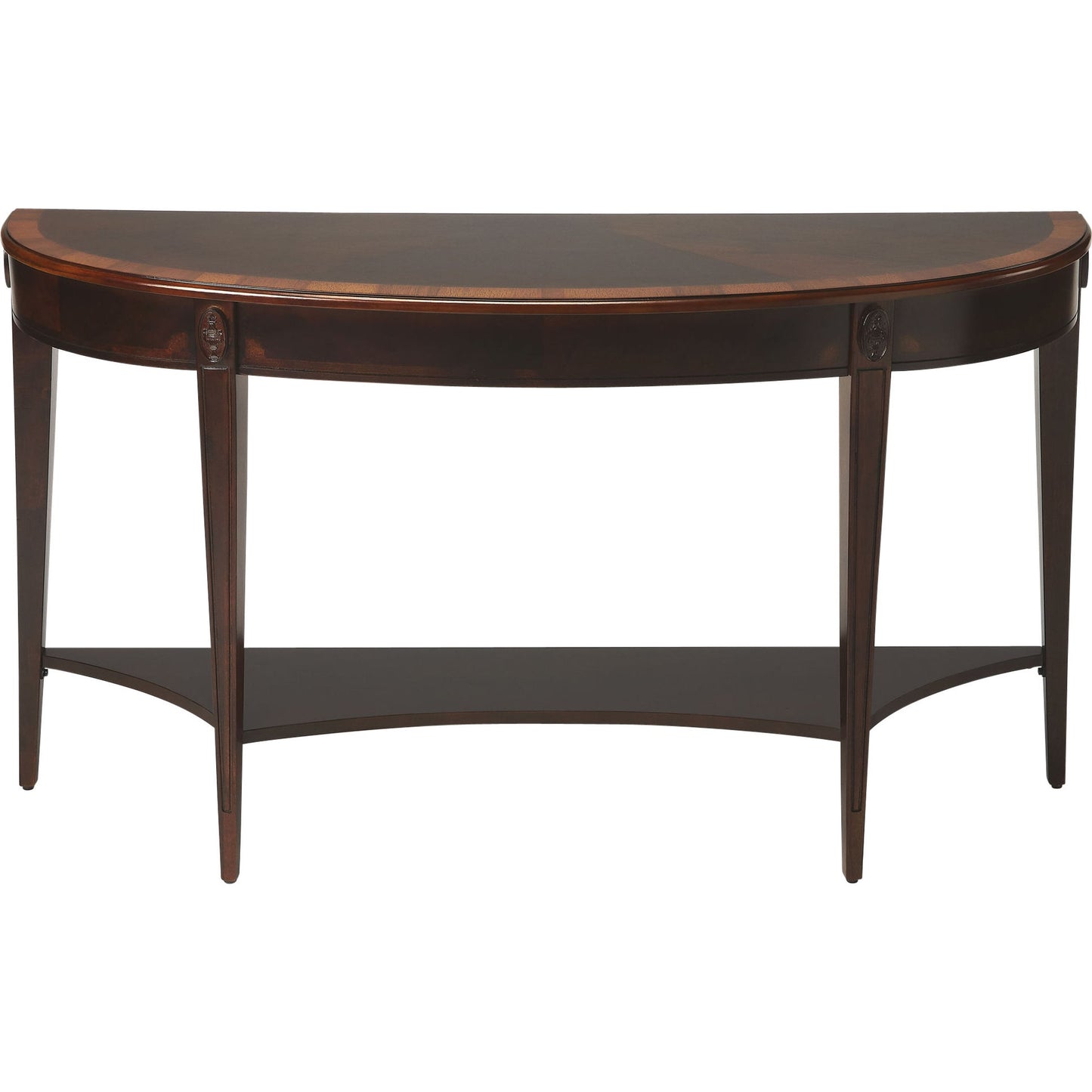 001 S-242642 | Additional Silo | Astor Cherry Nouveau Demilune Console Table by Butler Specialty Company in dark brown and cherry nouveau. Made from rubberwood solids, mdf, resin, cherry, mozambique veneers in a modern style.