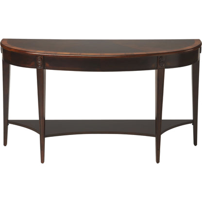 Astor Cherry Nouveau Demilune Console Table by Butler Specialty Company in dark brown and cherry nouveau. Made from rubberwood solids, mdf, resin, cherry, mozambique veneers in a modern style.