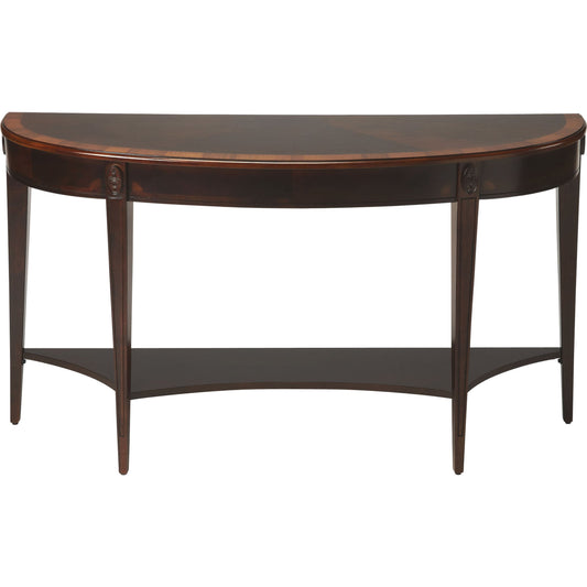 Astor Cherry Nouveau Demilune Console Table by Butler Specialty Company in dark brown and cherry nouveau. Made from rubberwood solids, mdf, resin, cherry, mozambique veneers in a modern style.