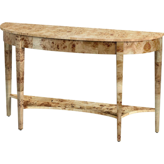 Astor Burl Demilune Console Table by Butler Specialty Company. Made from rubberwood solids, mdf, resin, cherry, maple and olive ash burl veneers in a modern style.