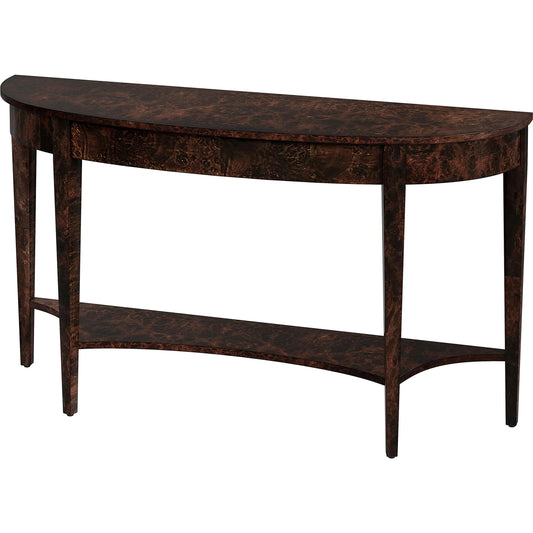 Astor Burl Demilune Console Table by Butler Specialty Company. Made from rubberwood solids, mdf, resin, cherry, maple and olive ash burl veneers in a modern style.