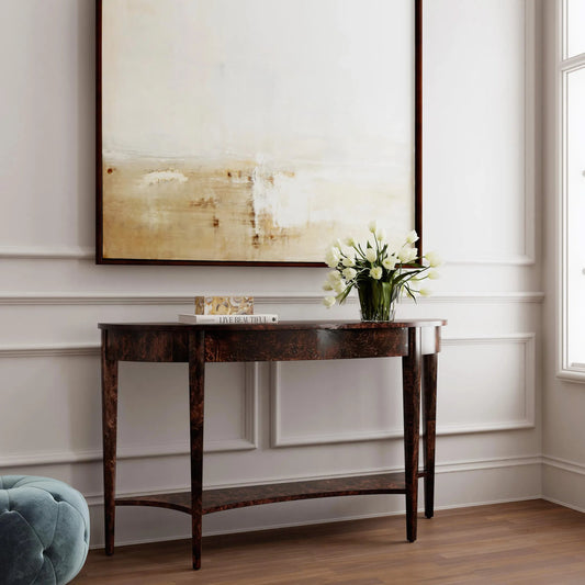 Astor Burl Demilune Console Table by Butler Specialty Company. Made from rubberwood solids, mdf, resin, cherry, maple and olive ash burl veneers in a modern style.