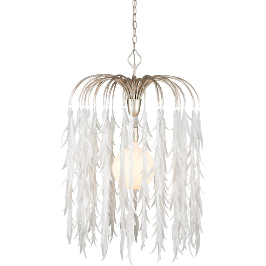 Glen Arbor Pendant by Currey and Company in white, contemporary silver leaf. Made from glass, wrought iron in a modern style.