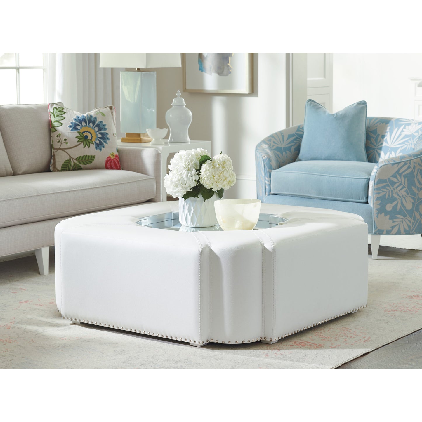 006 SR-835261 | Lifestyle | Clarendon Upholstered Cocktail Table by Lexington in white. Made from unique in a transitional style.