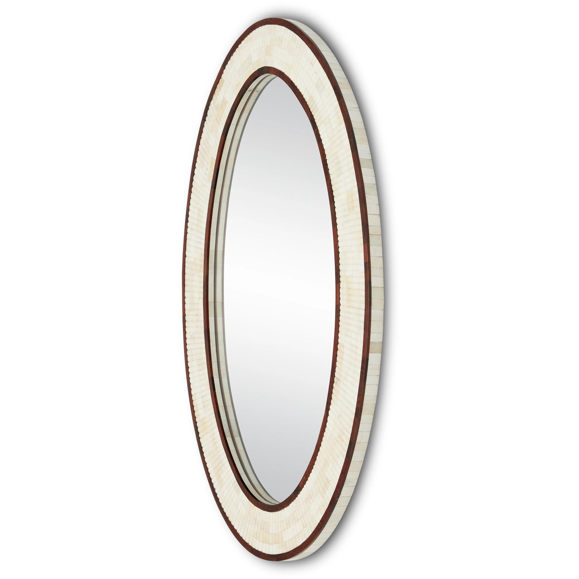 Andar Oval Mirror by Currey and Company in natural, dark walnut, mirror. Made from bone, wood, engineered hardwood, glass in a modern style.