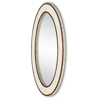 Andar Oval Mirror by Currey and Company in natural, dark walnut, mirror. Made from bone, wood, engineered hardwood, glass in a modern style.
