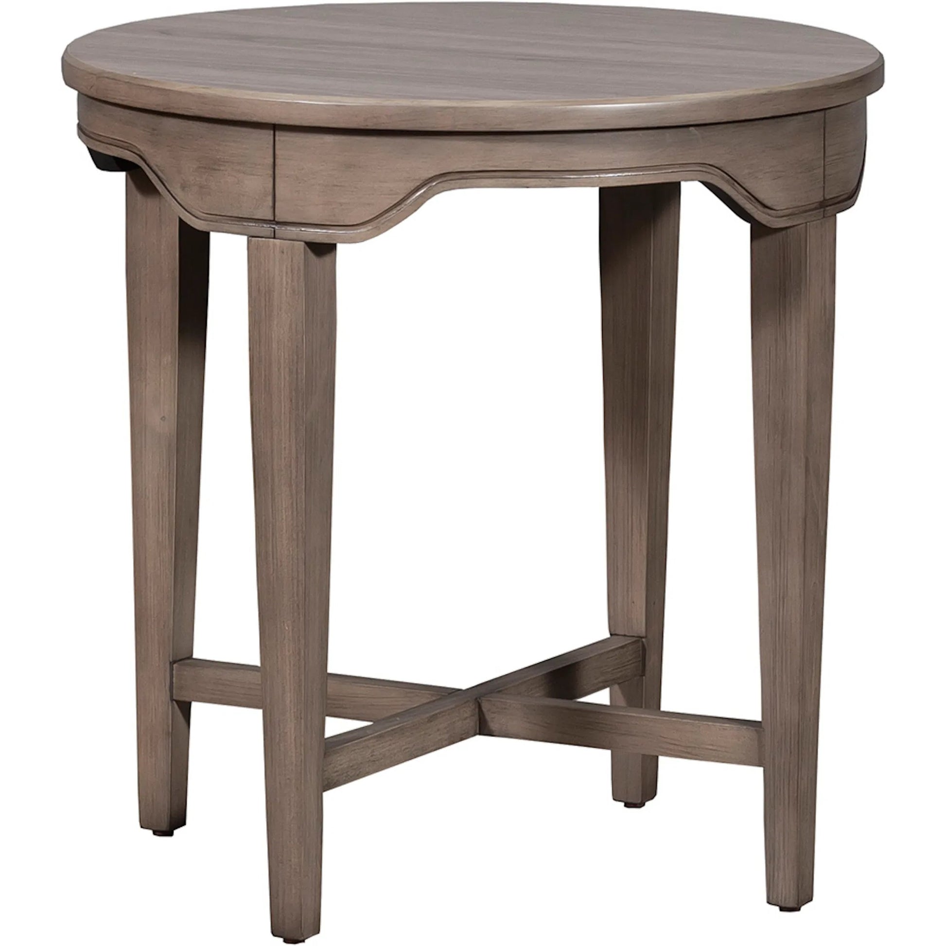 Avignon Round End Table by Fairfield Chair in brown. Made from beech solids, laminate in a unique style.