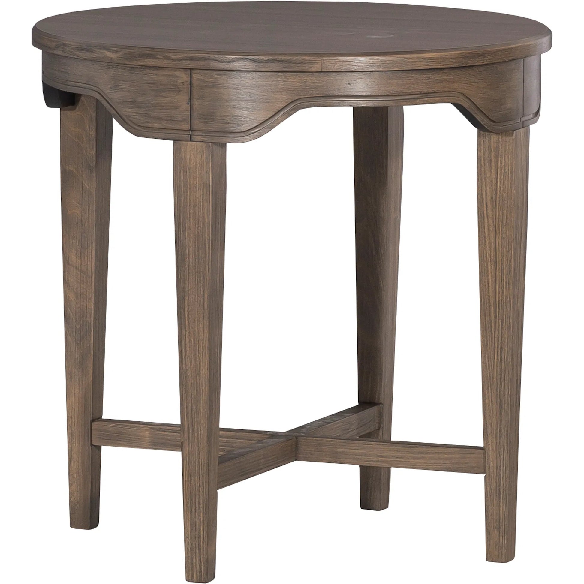 Avignon Round End Table by Fairfield Chair in brown. Made from beech solids, laminate in a unique style.