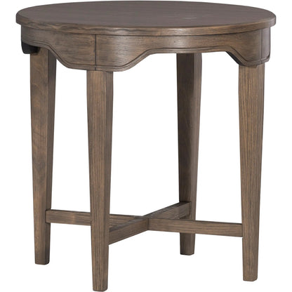 Avignon Round End Table by Fairfield Chair in brown. Made from beech solids, laminate in a unique style.