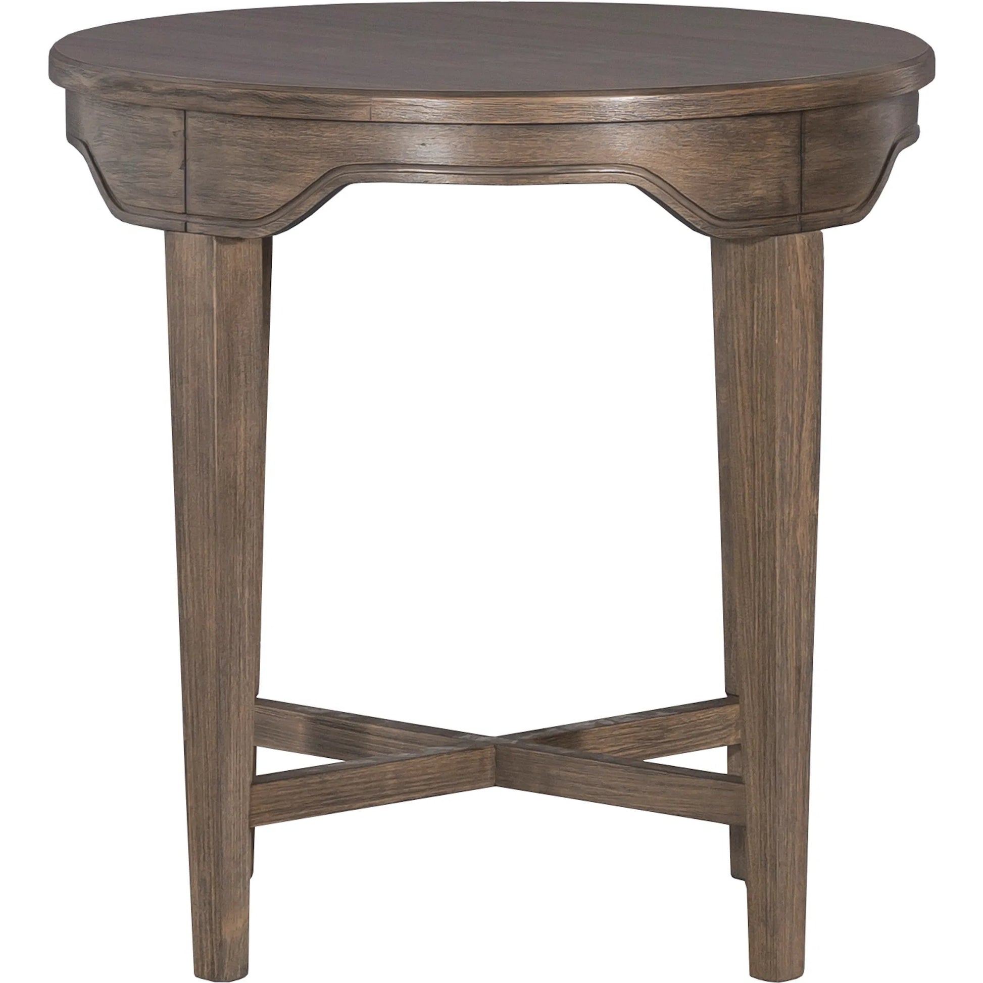 Avignon Round End Table by Fairfield Chair in brown. Made from beech solids, laminate in a unique style.
