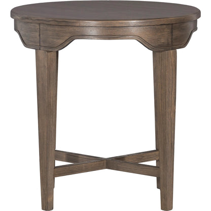 Avignon Round End Table by Fairfield Chair in brown. Made from beech solids, laminate in a unique style.