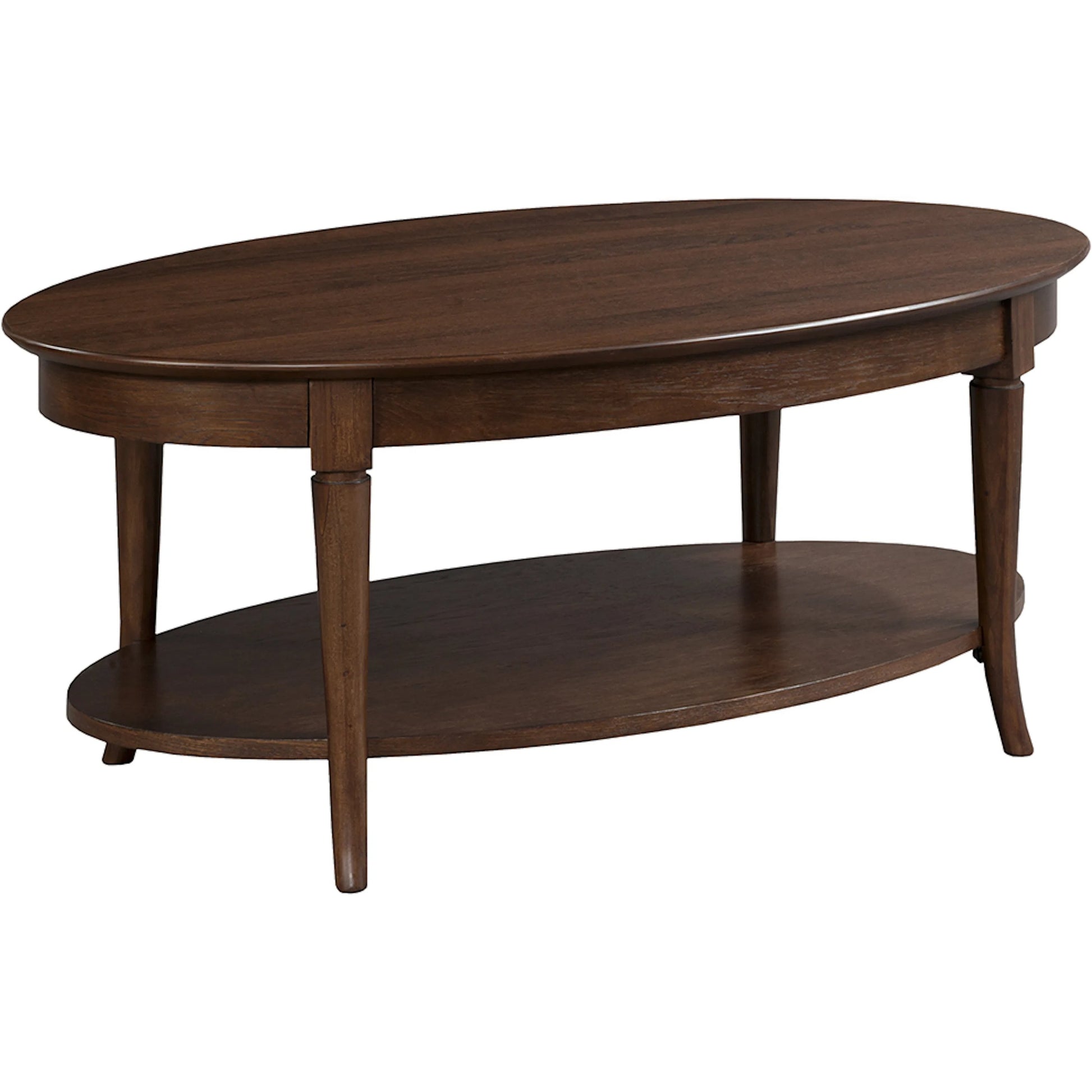 Campaigna Oval Cocktail Table by Fairfield Chair in brown and cafe mocha. Made from high pressured laminate, solid wood in a unique style.