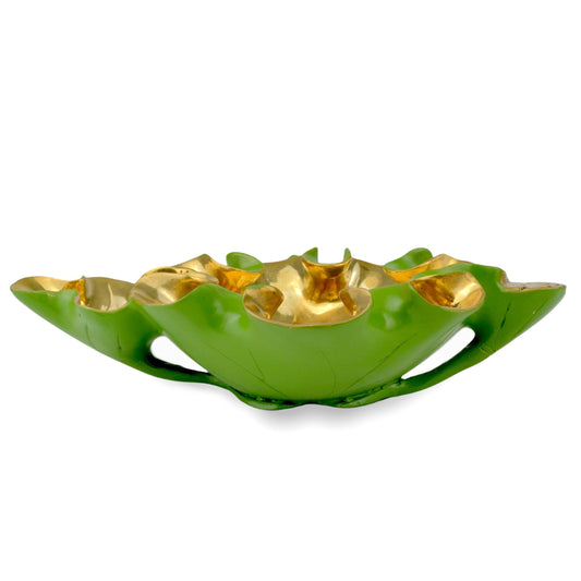 Wrapped Lotus Leaf Bowl by Currey and Company. Made from bronze in a modern style.