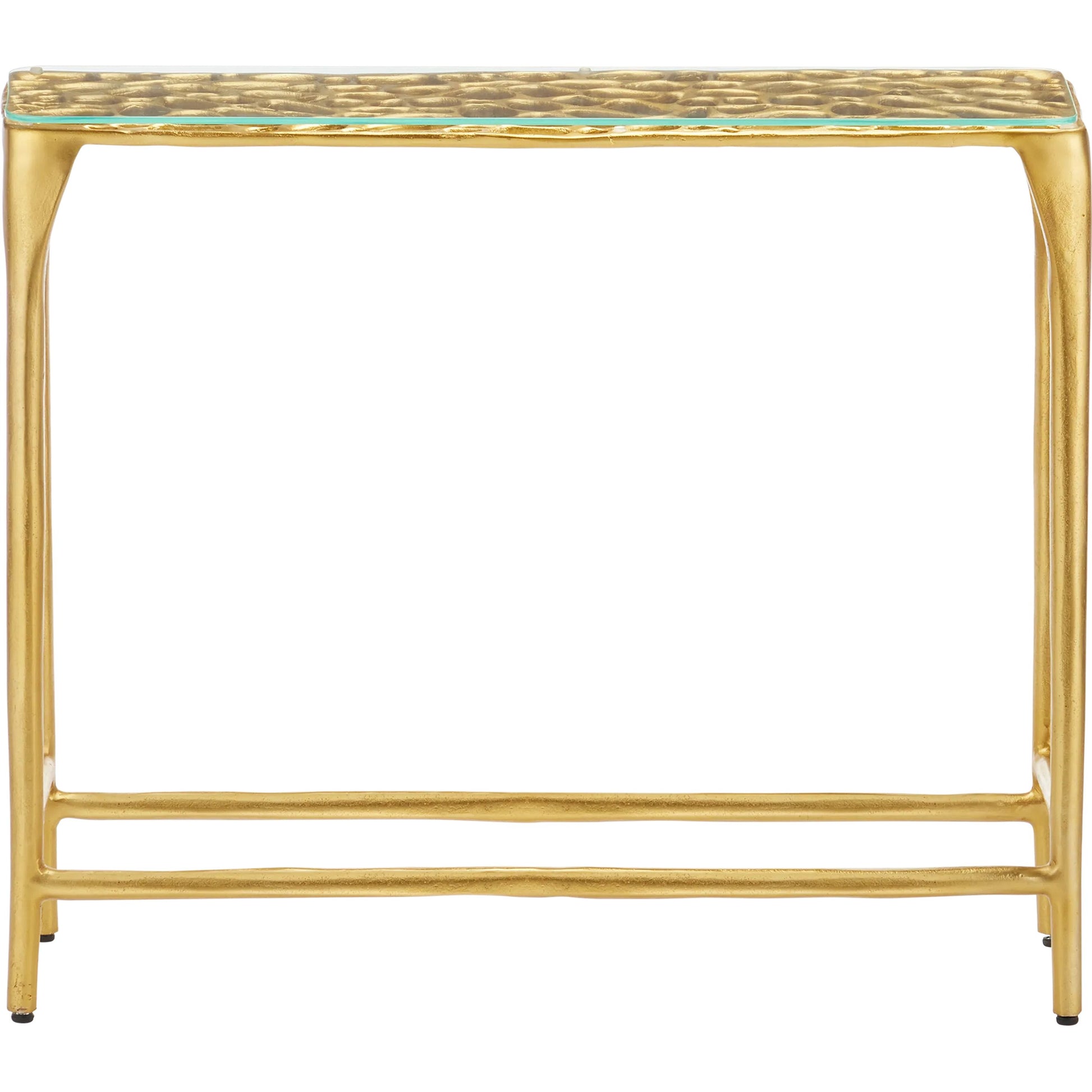 Honeycomb Console Table by Currey and Company in gold, clear. Made from cast aluminum, glass in a modern style.