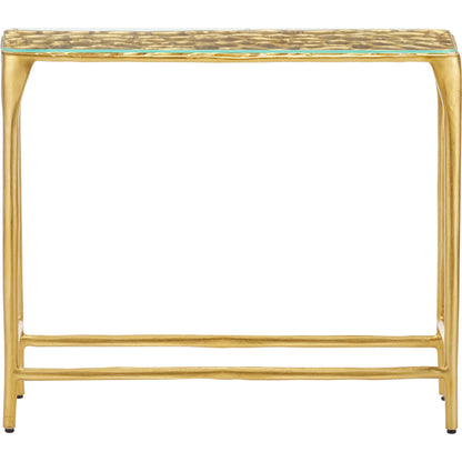 Honeycomb Console Table by Currey and Company in gold, clear. Made from cast aluminum, glass in a modern style.