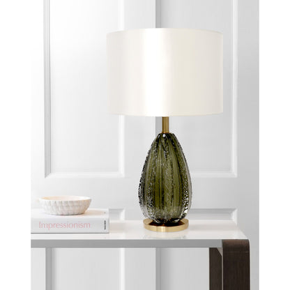 Felicia Table Lamp by Pasargad Home in gold and green. Made from glass, steel in a coastal style.