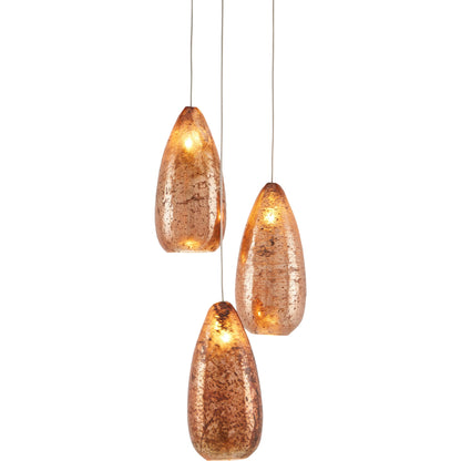 Rame 3-LIGHT Multi-Drop Pendant by Currey and Company in copper, silver. Made from antique copper, glass in a transitional style.