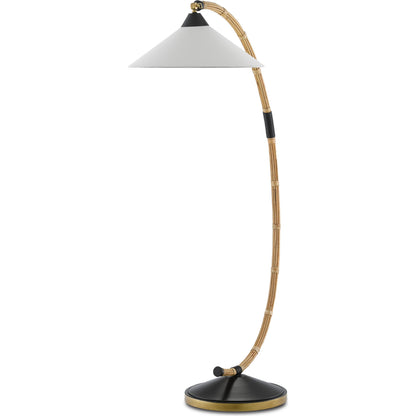 Lisbon Floor Lamp by Currey and Company in natural, rattan, new brass, satin black. Made from wrought iron, rattan in a modern style.