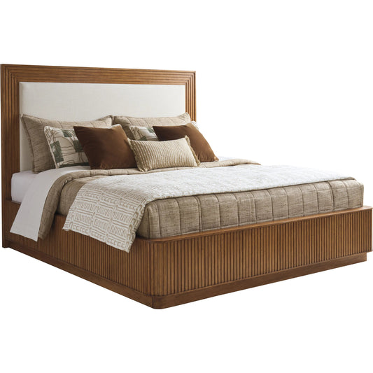 Pendry Upholstered Panel Bed by Lexington in cream and tan. Made from hickory, fabric in a unique style.
