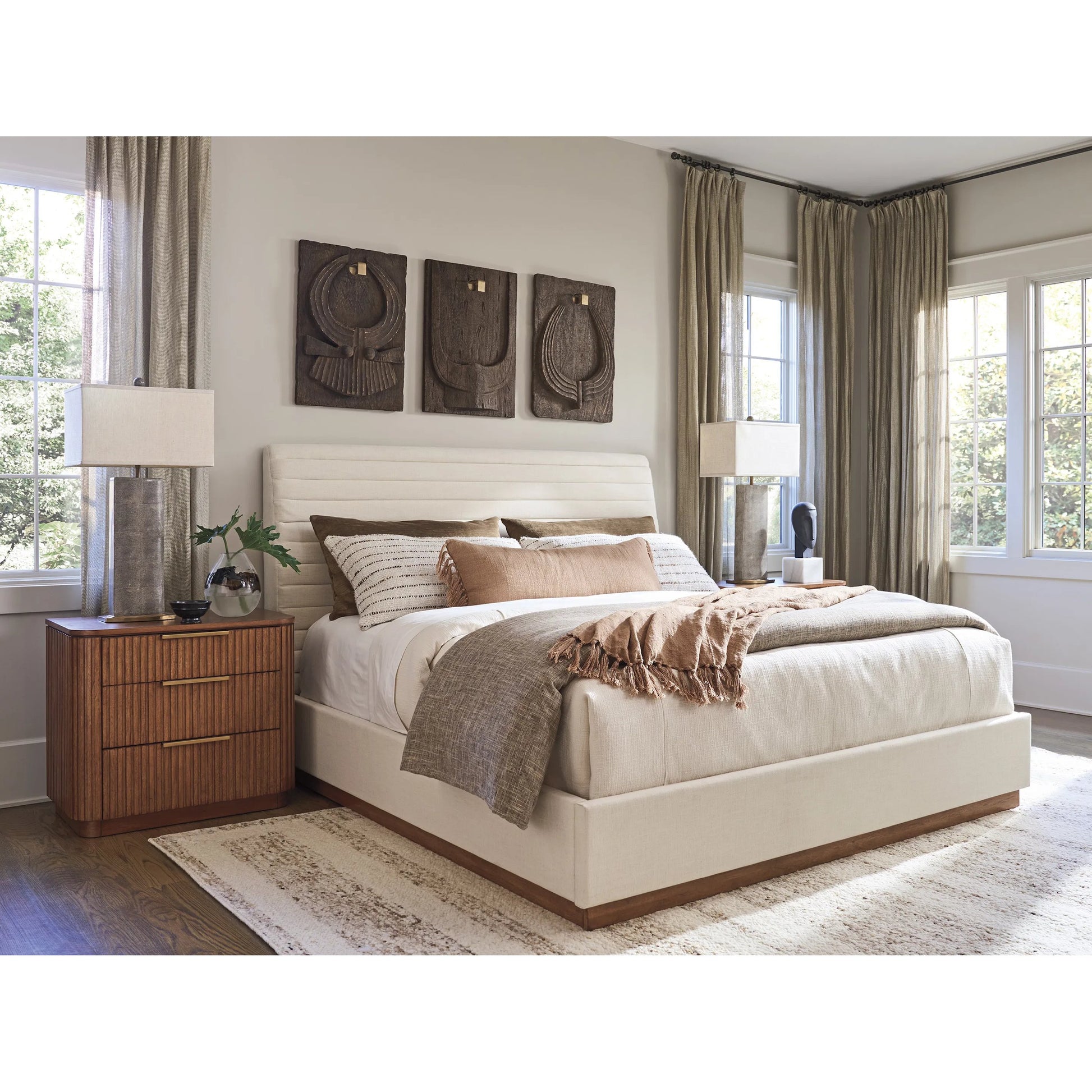 Coronado Upholstered Bed by Lexington in cream and tan. Made from hickory, fabric in a unique style.