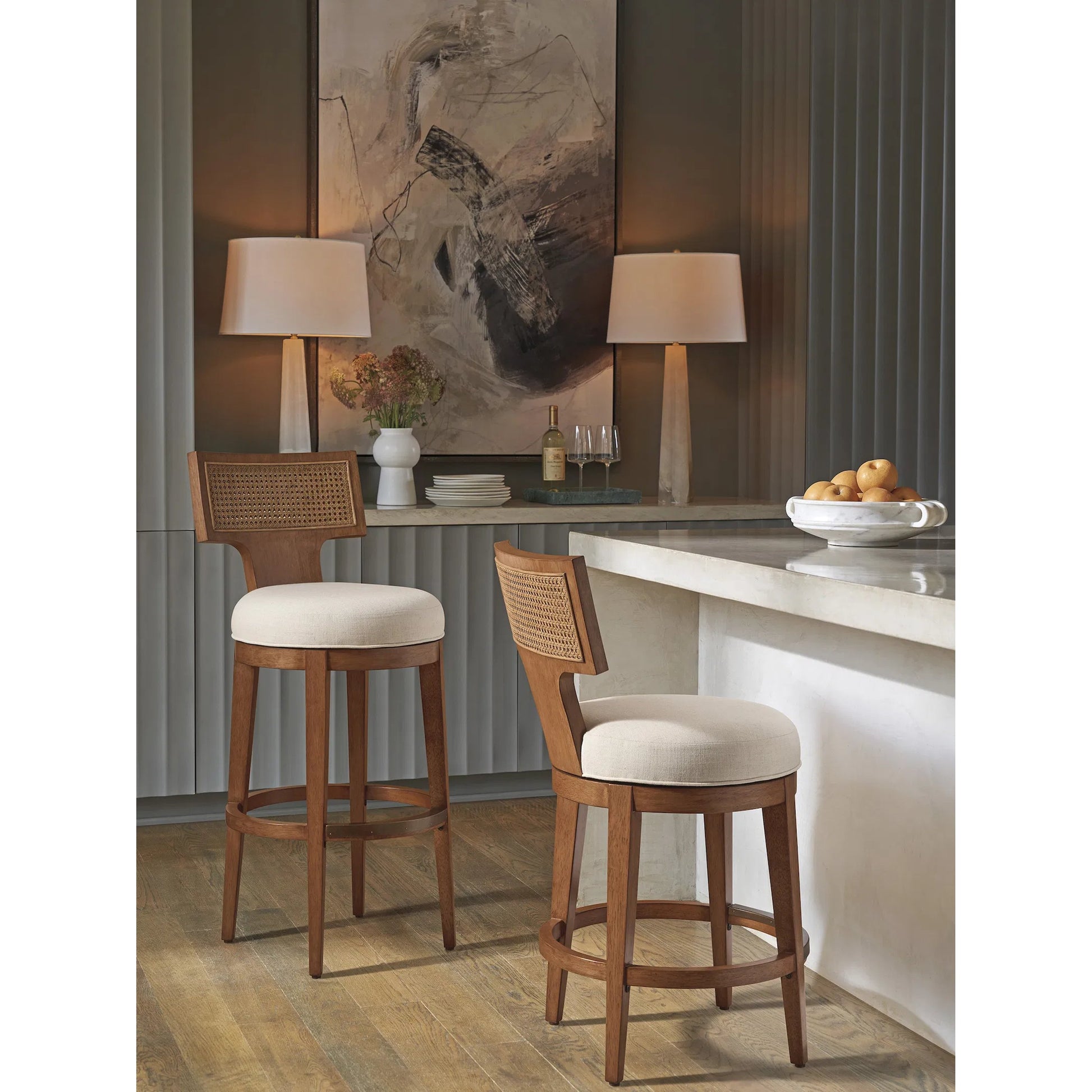 Calavera Woven Swivel Counter Stool by Lexington in sailview and marisol. Made from linen, rattan in a transitional style.