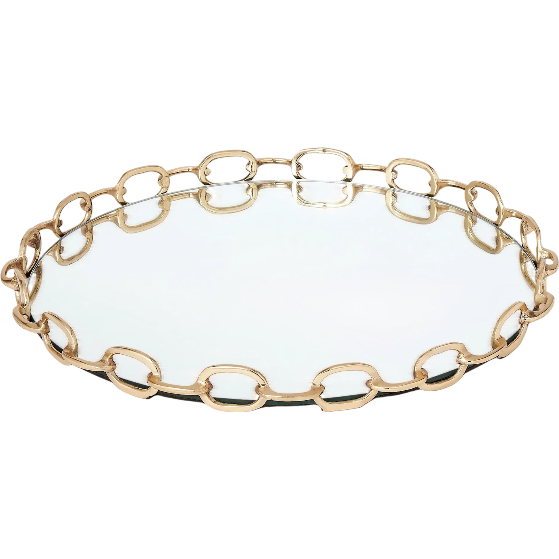 Linked Mirrored Tray by Global Views in brass. Made from brass, mirror in a transitional style.