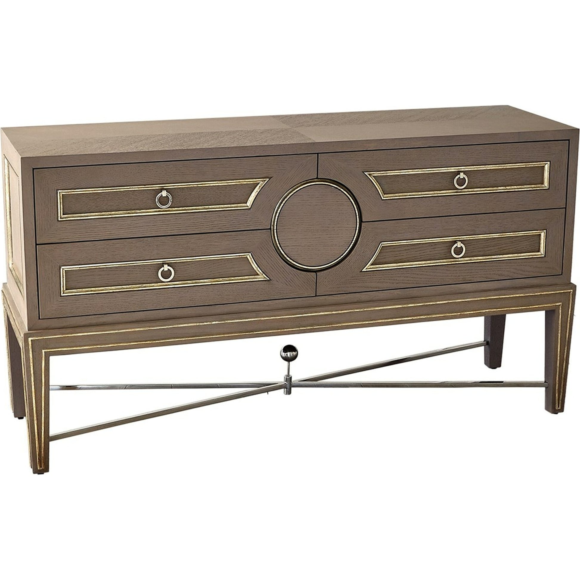 Collector's Console by Global Views in brass. Made from poplar with oak veneer, mdf with oak veneer in a transitional style.