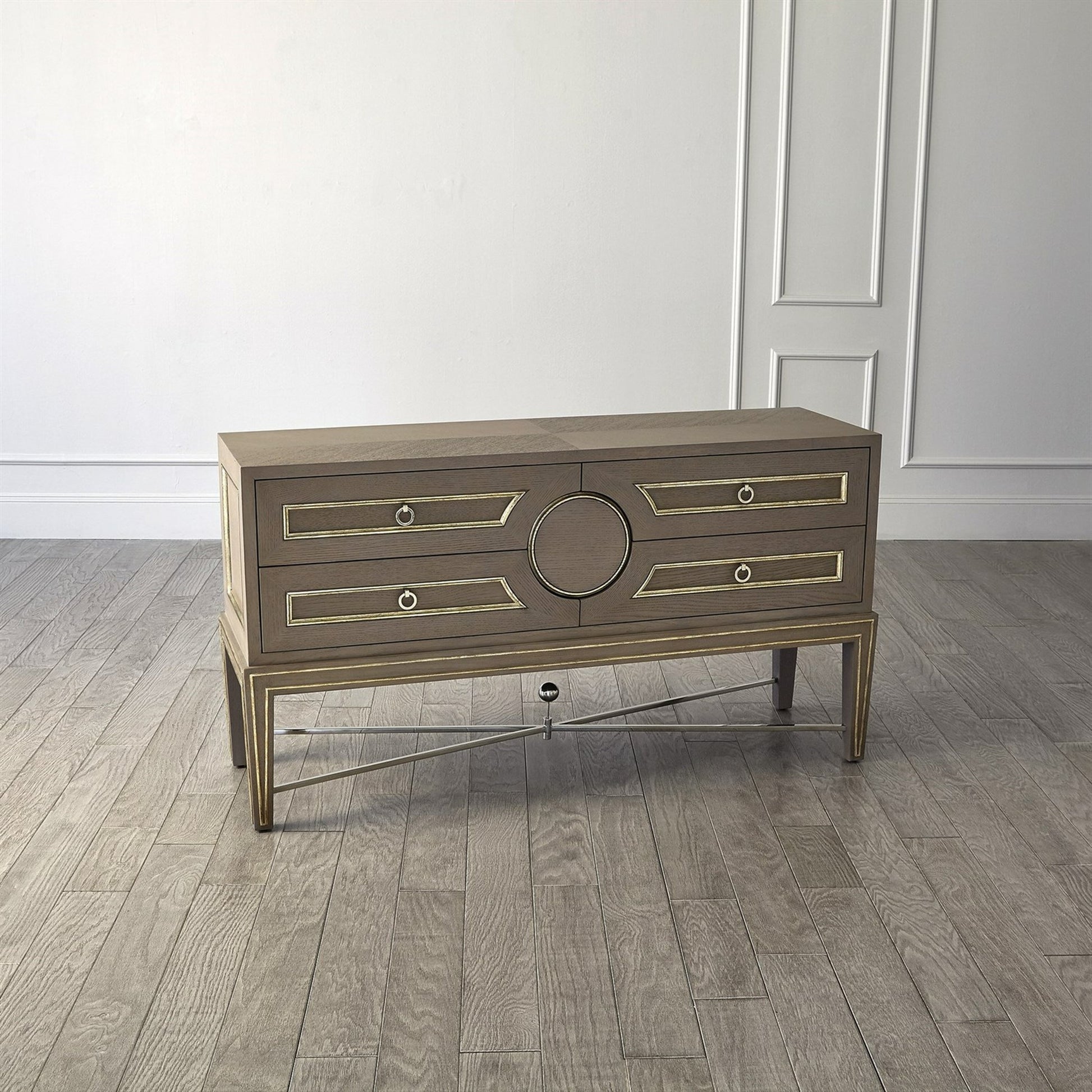 Collector's Console by Global Views in brass. Made from poplar with oak veneer, mdf with oak veneer in a transitional style.