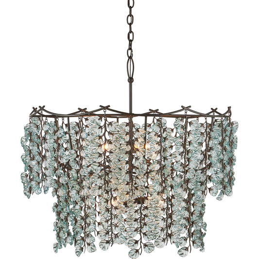Herbary Chandelier by Currey and Company in clear, bronze. Made from recycled glass, wrought iron in a modern style.