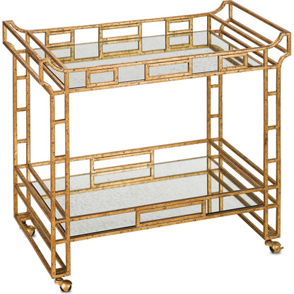 Odeon Bar Cart by Currey and Company in seneca gold leaf, light roche antique mirror. Made from wrought iron, mirror in a transitional style.