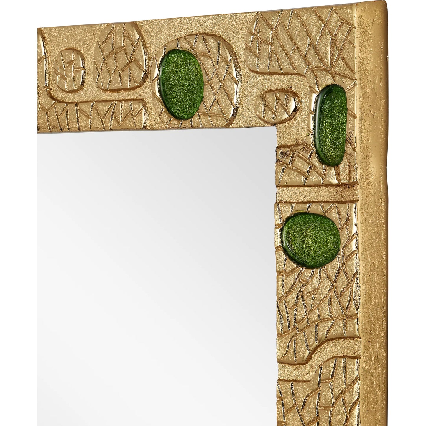003 SI-2257173 | Closeup | Beau Monde Mirror by Currey and Company in gold, green. Made from cast aluminum, enamel, glass in a modern style.