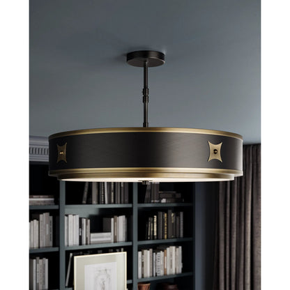 Huntsman Semi-Flush Mount by Currey and Company in satin black, antique brass, white. Made from brass, glass in a modern style.