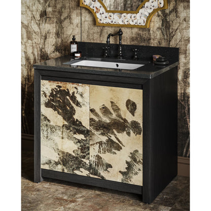 Karlson 36" Vanity with Undermount Sink by Currey and Company in stained vellum, caviar black, faux bone. Made from oak solids, veneer, leather vellum, granite, vitreous china in a unique style.