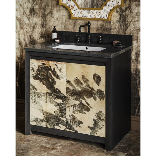 Karlson 36" Vanity with Undermount Sink by Currey and Company in stained vellum, caviar black, faux bone. Made from oak solids, veneer, leather vellum, granite, vitreous china in a unique style.