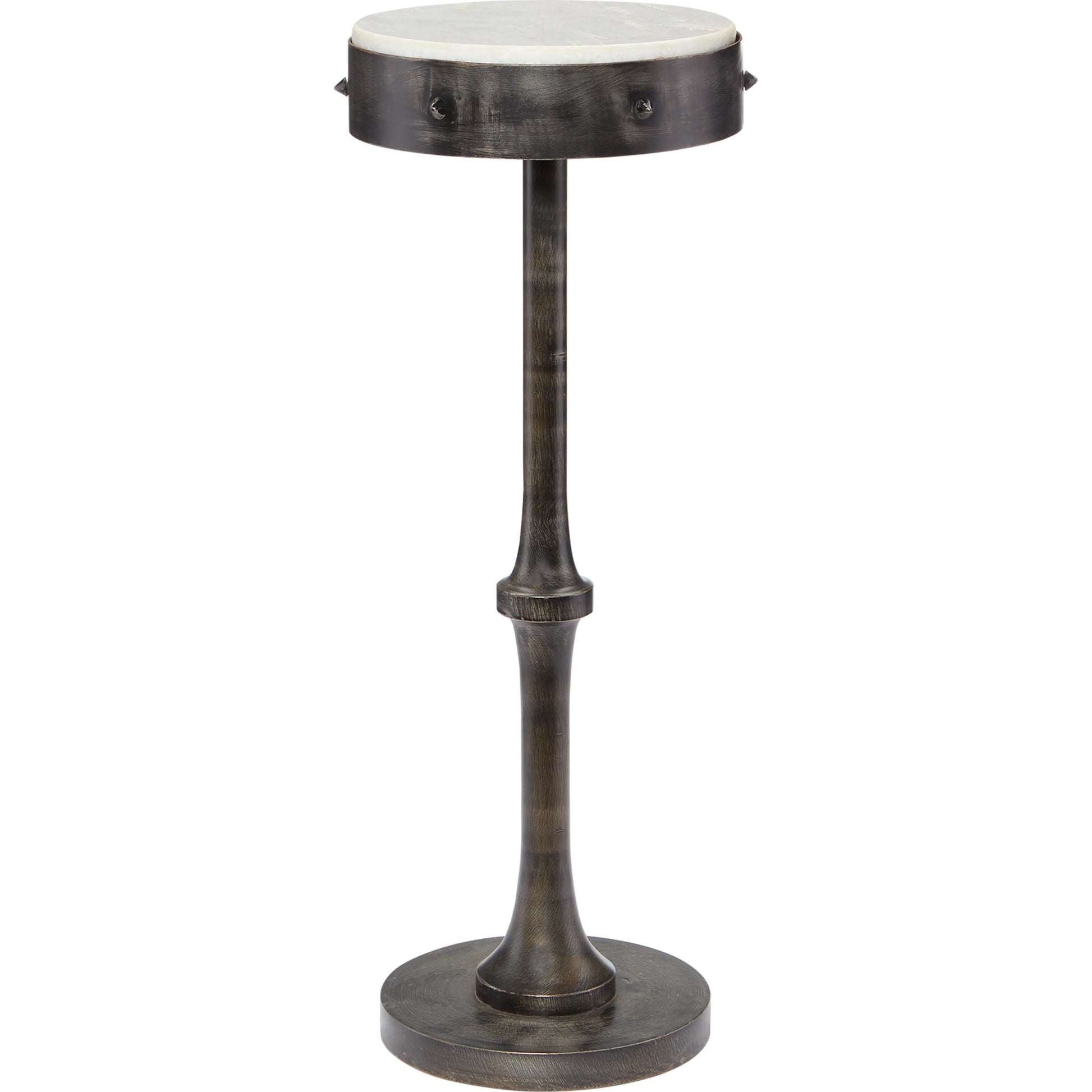 Helios Drinks Table by Currey and Company in antique black, white. Made from wrought iron, marble in a transitional style.