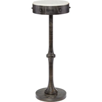 Helios Drinks Table by Currey and Company in antique black, white. Made from wrought iron, marble in a transitional style.