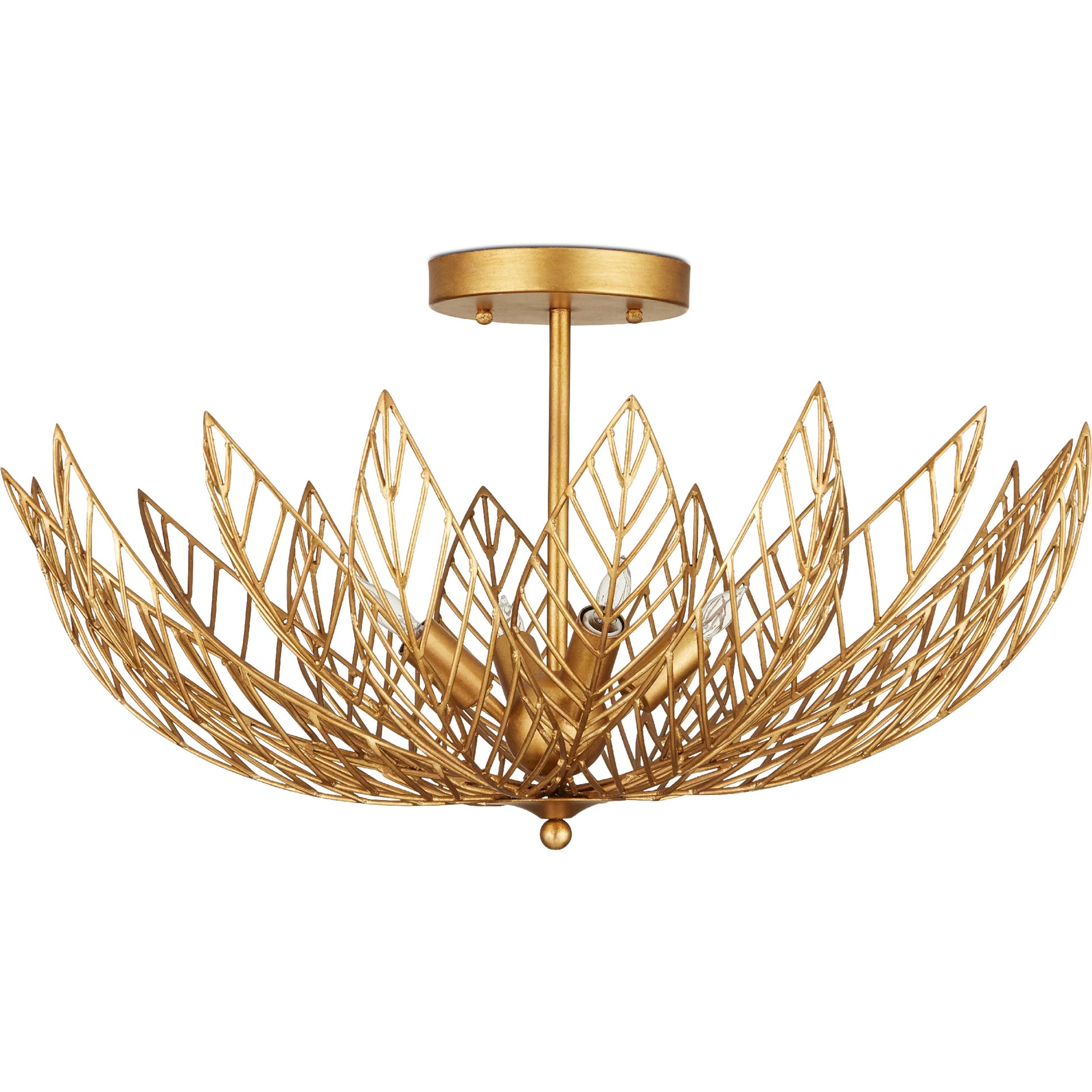 Leaflace Semi-Flush Mount by Currey and Company in contemporary gold leaf, contemporary gold. Made from wrought iron in a modern style.