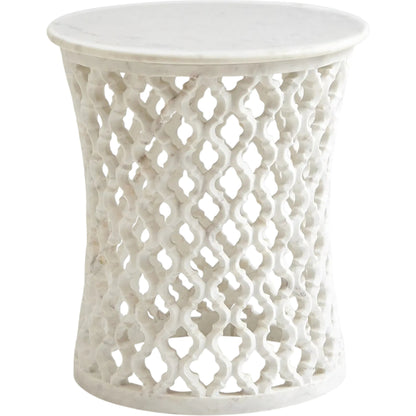 Arabesque Side Table by Global Views. Made from hand carved honed white marble in a transitional style.