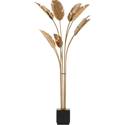 Tropical Grande Floor Lamp by Currey and Company in vintage brass, black. Made from brass, granite in a coastal style.