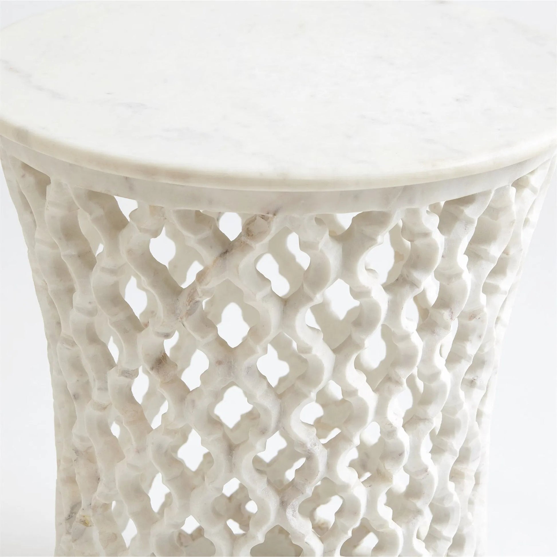 Arabesque Side Table by Global Views. Made from hand carved honed white marble in a transitional style.